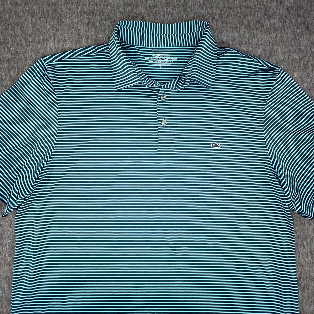 Vineyard Vines Large Golf Polo Sankaty Stripe Navy Teal Performance Stretch - Picture 3 of 13